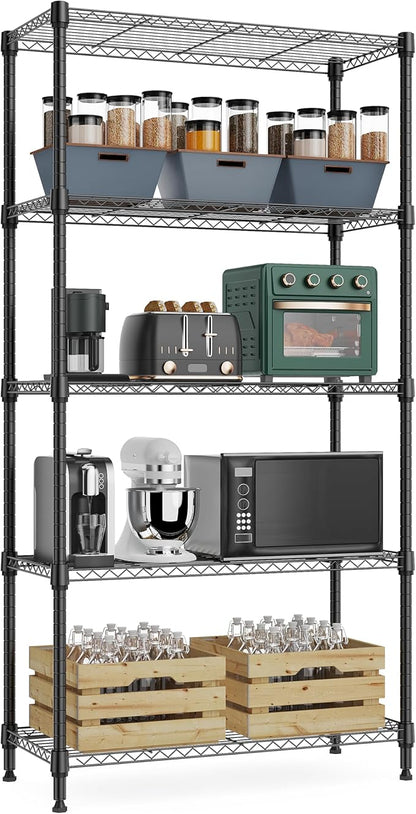 M MZG 1250 lbs 5 Tier Shelf Metal Storage Shelves Wire Rack Closet Organizers with Wheel for Garage Kitchen Bathroom Laundry Black 13.7" D x 23.6" W x 62.4" H