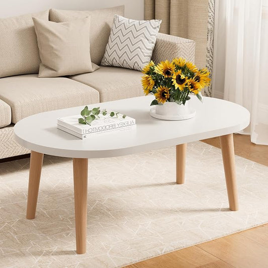Small Coffee Table, Low Table with Solid Wood Legs, 23.6" Mini Oval Accent Table Side End Table, Floor Table Desk for Sitting on The Floor, Coffee Tea Table for Living Room, Dorm, Apartment, White