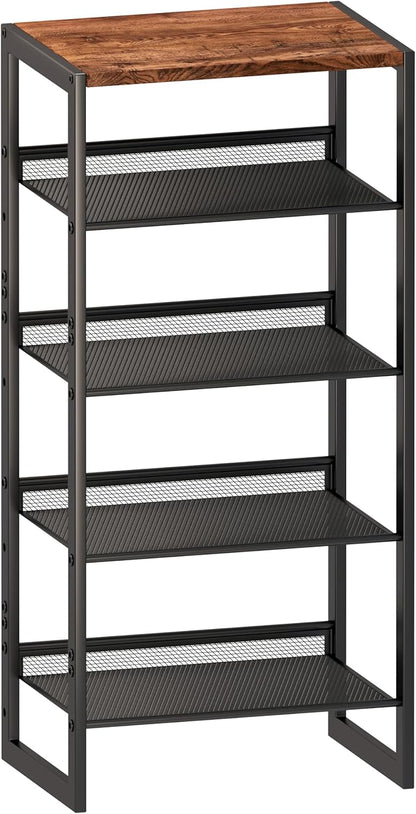 Narrow 5-Tier Shoe Rack, Slim Space-Saving Shelf with Decorative Wood Top & Steel Mesh, Entryway/Closet/Dorm Organizer, 16.5x11.8x36 Inches
