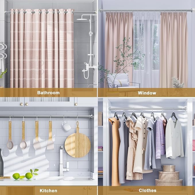 Ausemku Shower Curtain Rod Tension, 32-65 Inch Adjustable Heavy Duty Spring Tension Curtain Rod, No Drill Stainless Steel Telescoping Rod for Bathroom, No Rust, Silver