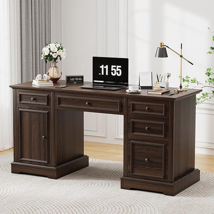 Vipbear 60" Farmhouse Executive Office Desk with Drawers and File Cabinet, Embossed Texture Wood Home Office Desk, Rustic Computer Desk, Workspace for Work Study Writing, Dark Brown