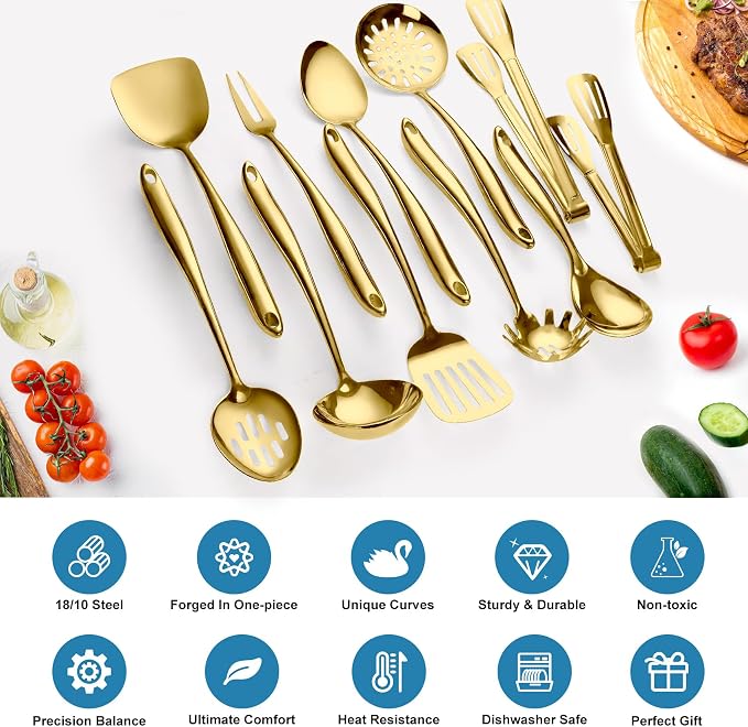 304 Gold Stainless Steel Cooking Utensils Set, 11 PCS Long Large Metal Cooking Utensil Tools Set with Fork, Spatulas, Spoons, Skimmer, Ladle, Pasta Server, Tongs