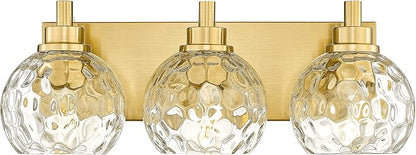 Bathroom Light Fixtures Over Mirror, 3-Light Brushed Gold Vanity Light with Clear Hammered Glass Globe Shade, Modern Sconces Wall Lighting Bedroom Hallway, VL200-BG-3