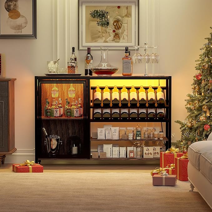 48" Wine Bar Cabinet with Power Outlet, Industrial Coffee Bar Cabinet with LED Strip, Liquor Bar Cart with Wine Rack and Glass Holder for Living Room Dining Room Kitchen, Rustic Brown