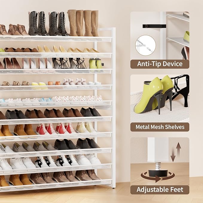 Metal Shoe Rack,Large 10 Tier Shoe Organizer, Heavy Duty Metal Stackable Shoe Storage Vertical Shoe Rack for Closet Front Door Entrance,Entryway,GarageUp to 62 Pairs,White