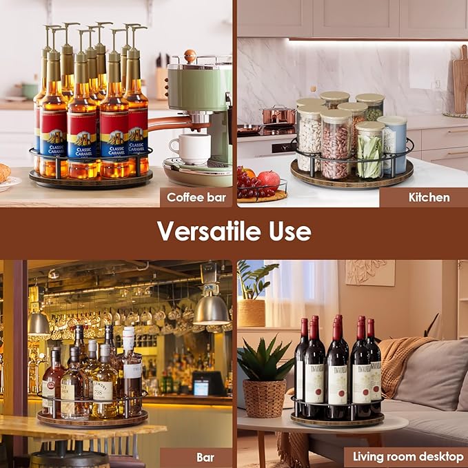 Nuovoware 9 Bottles Rotating Coffee Syrup Rack, Coffee Syrup Rack Organizer Carbon Steel Frame with Wooden Base Bottle Holder for Syrups Table Top Thermos Liquor, Brown+Black