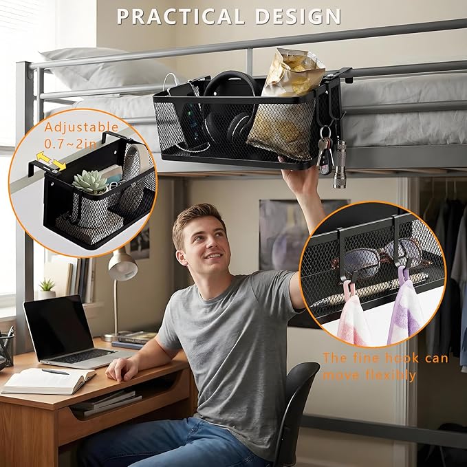 Bedside Caddy Shelf with Hook, Bed Shelf Organizer for Bunk Bed, Office Cubicle, Dorm Room, Holder for Phone, Snacks, Books (Black, 11*4.9*3.9 inch)