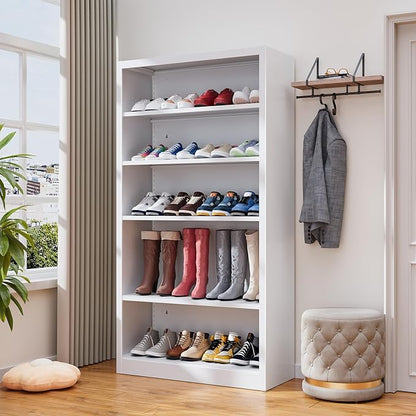 5-Space Heavy Duty Steel Shoe Rack, 4-Tier Adjustable Shoe Shelf with Back Panel, 55" Tall Open Shoe Organizer for Entryway, Closet, Apartment - Sturdy Metal Shoe Storage (White, 5 Tier-55"H*27.6W)