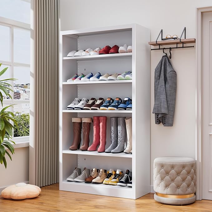 5-Space Heavy Duty Steel Shoe Rack, 4-Tier Adjustable Shoe Shelf with Back Panel, 66" Tall Open Shoe Organizer for Entryway, Closet, Apartment - Sturdy Metal Shoe Storage (White, 5 Tier-66"H*33W)