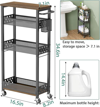 XYZLVSI Slim Storage Cart 4 Tier Laundry Cart with Wheels, Narrow Metal Kitchen Rolling Carts Bathroom Organizers Storage Shelf with Wood Rack and Handle for Small Space