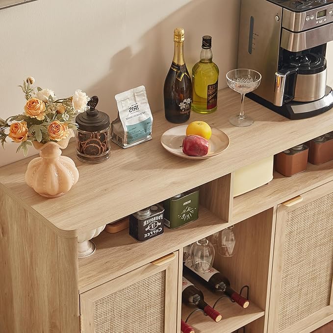 Lerliuo Rattan Wine Cabinet with 2 Doors, Boho Liquor Cabinet with Wine Racks, Farmhouse Coffee Bar Station for Living Room, Dining Room, Kitchen, Natural Wood