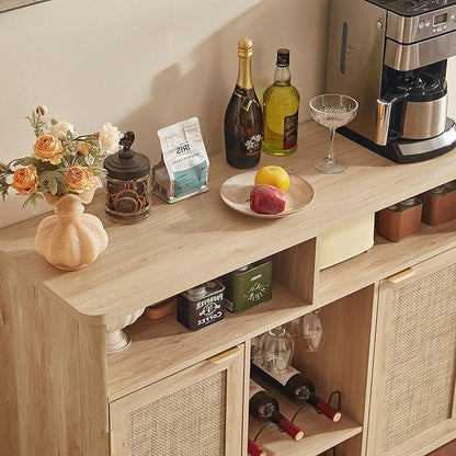 Lerliuo Rattan Wine Cabinet with 2 Doors, Boho Liquor Cabinet with Wine Racks, Farmhouse Coffee Bar Station for Living Room, Dining Room, Kitchen, Natural Wood