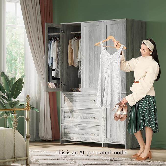 VOWNER Armoire Wardrobe Closet with Drawers and Mirror, 71" Clothing Storage Cabinet with Hanging Rod, 4 Doors Wooden Wardrobe Cabinet for Bedroom, Large Capacity Storage (1, Gray Oak)