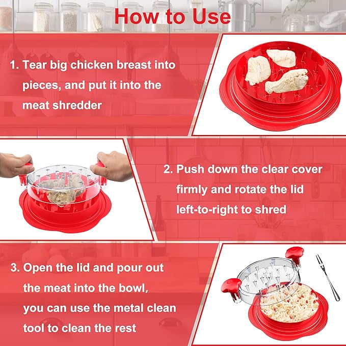 SURETIVIAN Chicken Shredder Tool Twist Large Chicken Breast Shredder with Brush&Fork, Visible Meat Shredder Machine, Anti-Slip Strip, Ergonomic Handle, BPA Free, Suitable for Pork Beef Chicken(Red)