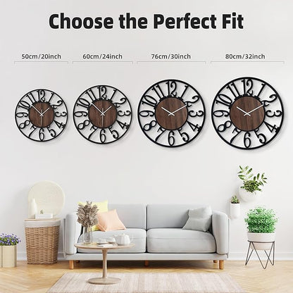 20'' Silent Wall Clock with Night Light, Glow in The Dark Decorative Wall Clock Battery Operated, Rustic Modern Metal & Wood Clocks for Bedroom Living Room Decor, Arabic Numerals