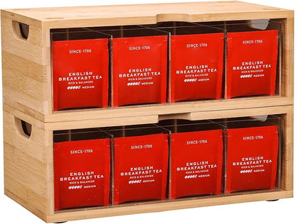 Stackable Bamboo Tea Box Organizer (Set of 2) - Large Capacity Tea Bag Storage Holder for Pantry & Cabinet - Multipurpose Tea Chest - Sustainable Kitchen Drawer & Office Breakroom Decor