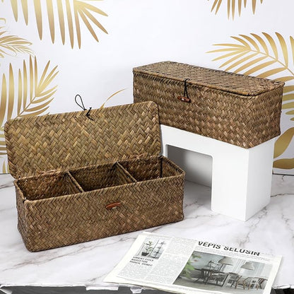 2 PCS Seagrass Storage Basket with Lid, Boho Small Woven Shelf Basket Rectangular Toilet Roll Bin 3-Section Divided Organizer for Snack Tampon Bathroom Closets Pantry Coffee Table Counter