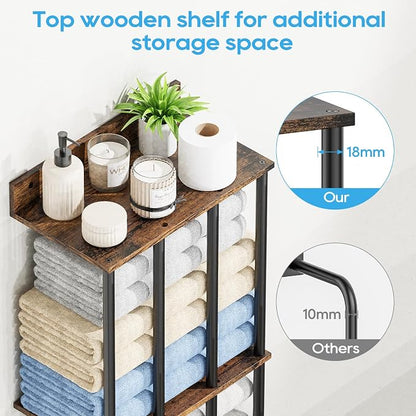 Towel Racks for Bathroom Wall Mounted, Updated 4 Bar Wall Towel Holder | Large Bathroom Towel Storage Rack for Rolled Towels, Vintage Metal Towel Organizer Shelf with Wooden Storage Shelf