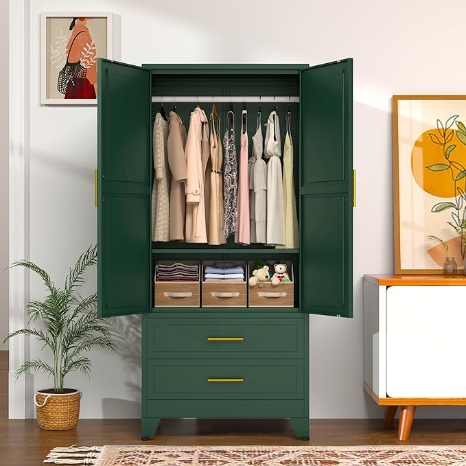 71" Metal Wardrobe Cabinet with 2 Doors, 1 Adjustable Shelf and 2 Drawers, Metal Clothing Storage Cabinets with Hanging Rod, Armoire Wardrobe Closet for Bedroom, Cloak Room, Gym (Green)