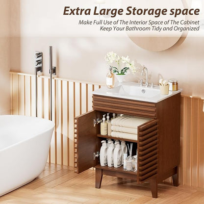 APRILSOUL 24" Bathroom Vanity with Ceramic Sink, Mid-Century Bathroom Vanity Cabinet with 2 Soft Closing Doors, Freestanding Bathroom Vanity, Particleboard Frame with Wood Grain Laminate, Walnut