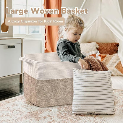 Goodpick Extra Large Woven Blanket Basket, 23.6" x 15.7" x 13.8" Storage Organizer for Blankets, Toys, Dirty Clothes, Rectangle Cotton Rope Basket for Living Room, Nursery, Bedroom