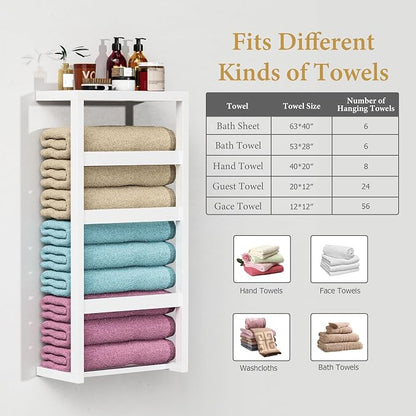Bamboo Wall Blanket Ladder, 4-Tier Towel Racks, Bamboo Bath Towel Racks for Bathroom Wall Mounted, Decorative Blanket, Quilt, Towel, Scarf Ladder Shelves for Bathroom, Living Room, Bedroom，White