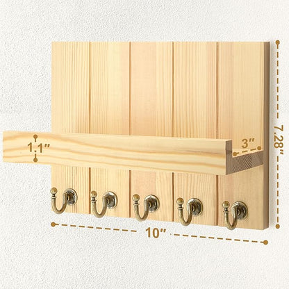 Rebee Vision Pine Wood Key Holder Wall Mount with 5 Hooks and Shelf – Farmhouse Key Holder for Wall for Entryway Organization – Perfect for Mail & Letters (Orginal Wood,3.54" x 10" x 7.28")