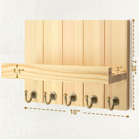 Rebee Vision Pine Wood Key Holder Wall Mount with 5 Hooks and Shelf – Farmhouse Key Holder for Wall for Entryway Organization – Perfect for Mail & Letters (Orginal Wood,3.54" x 10" x 7.28")