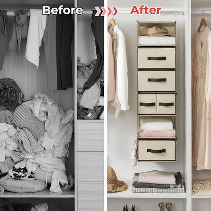 GRANNY SAYS Hanging Closet Organizers and Storage 6 Shelves, Closet Hanging Organizer with 5 Drawers, 6 Side Pockets Hanging Storage Organizer, Portable Clothes Organizer for Closet, Beige
