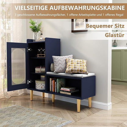 HLR Storage Bench Set of 2, Blue Modern Entryway Shoe Cabinet Bench with Glass Door&Shelf, L-Shaped Storage Cabinet with Padded Seat for Hallway, Bedroom, Living Room, Office