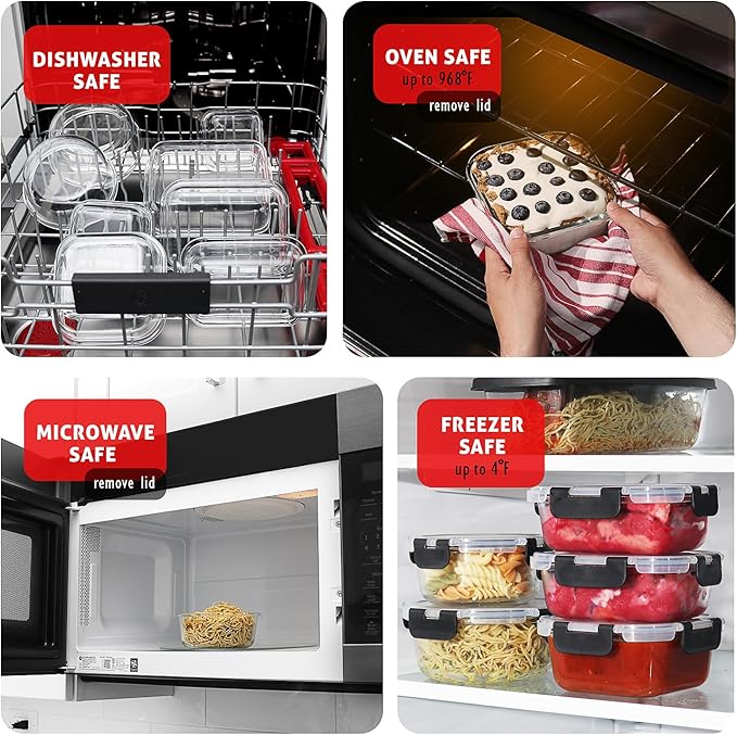 Nestl 24pc Glass Storage Containers with Lids, 12 Glass Food Storage Containers with 12 Airtight Lids for Pantry & Kitchen, Meal Prep Containers for Lunch, Oven Microwave & Dishwasher Safe, Black