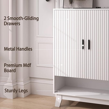 4-Tier Fluted Shoe Cabinet with 2 Doors & Open Shelf, Mid Century Modern Shoe Storage Organizer with Adjustable Shelves, Metal Handles & Wood Legs, Hidden Shoe Rack for Entryway, Hallway