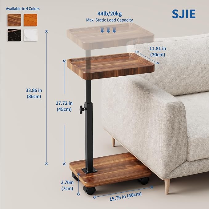 C Table End Table Adjustable Height, 360°Swivel TV Tray Table for Small Spaces, Side Tables with Wheels for Living Room and Bedroom, Bed (Walnut)