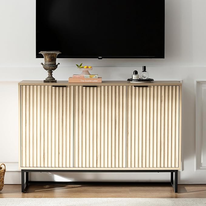 Fluted Storage Cabinet with 3 Doors, Sideboard Buffet Cabinets Adjustable Shelves, Credenza Console Table Cabinets for Living Room, Light Oak
