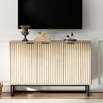 Fluted Storage Cabinet with 3 Doors, Sideboard Buffet Cabinets Adjustable Shelves, Credenza Console Table Cabinets for Living Room, Light Oak