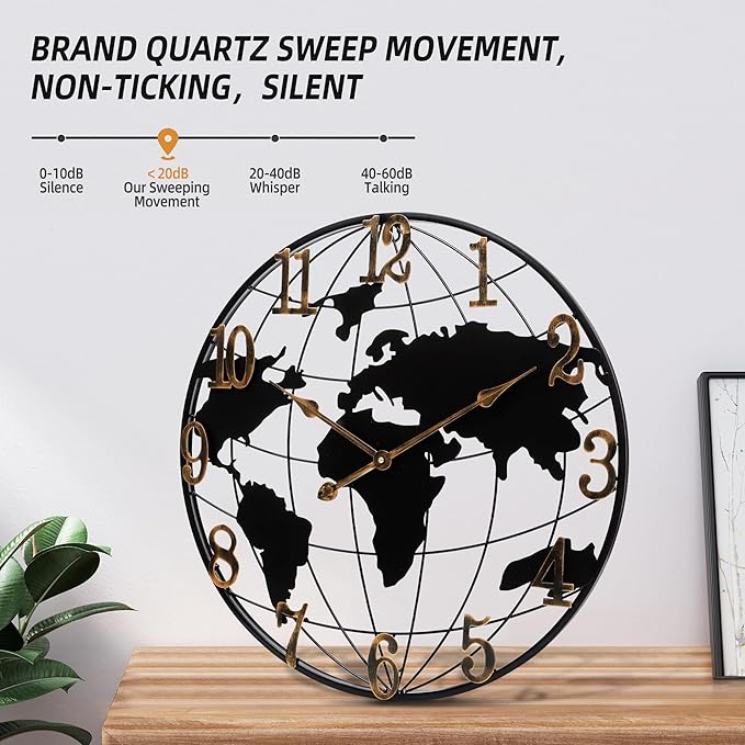 Mee 2ou Large Wall Clock - 24 Inch World Map Minimalist Modern Round Metal Wall Clock Silent Non-Ticking Battery Operated Wall Clocks for Living Room Kitchen Office Farmhouse Home Decor