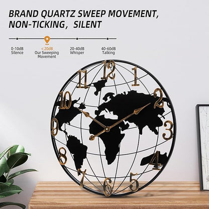 Mee 2ou Large Wall Clock - 24 Inch World Map Minimalist Modern Round Metal Wall Clock Silent Non-Ticking Battery Operated Wall Clocks for Living Room Kitchen Office Farmhouse Home Decor