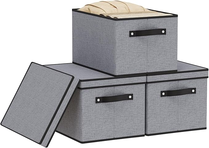 YheenLf Storage Boxes with Lids, Decorative Linen Storage Bins for Shelves, Fabric Closet Organizer with Handles, Gray, 16.5 x 11.8 x 10.2 Inch, 3-Pack