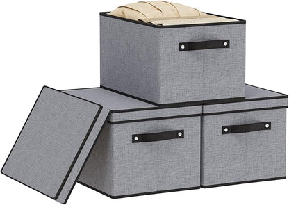 YheenLf Storage Boxes with Lids, Decorative Linen Storage Bins for Shelves, Fabric Closet Organizer with Handles, Gray, 16.5 x 11.8 x 10.2 Inch, 3-Pack