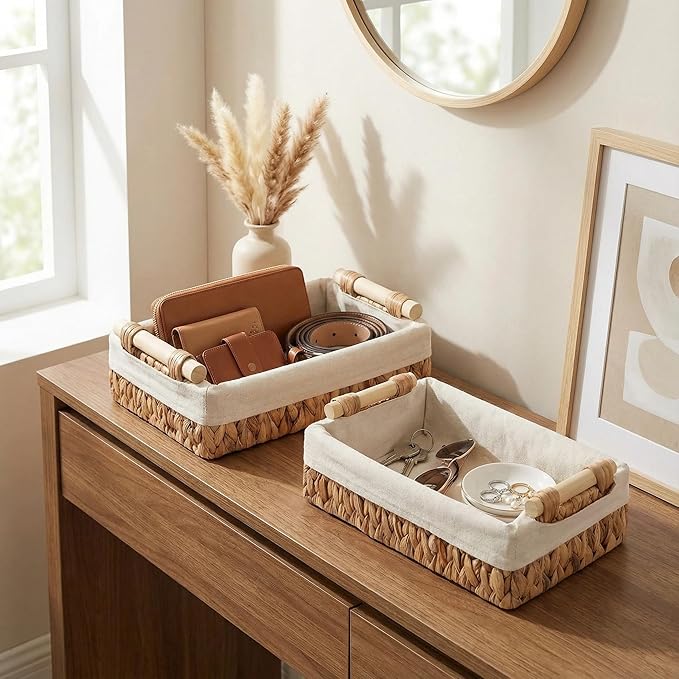 Baskets for Organizing, Set of 2 Natural Water Hyacinth Bathroom Countertop Baskets with Liner, Wicker Basket Organizer with Wooden Handles for Vanity, Counter, Shelf Storage