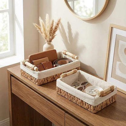 Baskets for Organizing, Set of 2 Natural Water Hyacinth Bathroom Countertop Baskets with Liner, Wicker Basket Organizer with Wooden Handles for Vanity, Counter, Shelf Storage