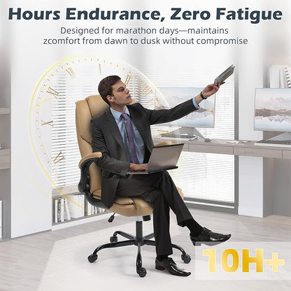 Office Chair - Executive Leather High Back Office Desk Chair with Rocking Function - Ergonomic Breathable Comfortable Wide Swivel Rolling Gaming Computer Chair with Flip-up Armrests & Lumbar Support