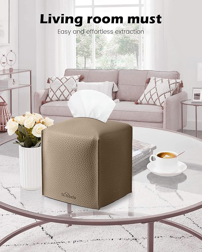 Tclouda Tissue Box Cover for PU Leather, Modern Simple Solid Color Holder Square Tissue Bag, Ideal for Bathrooms,Office,Car,Outdoor Tent,Dining Table,5"X5"X5", Single Cocoa Brown