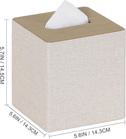 GOLRANLYE Tissue Box Cover Square 2 Pack PU Leather Facial Tissue Box Holder for Dresser Bathroom Decor (Beige)