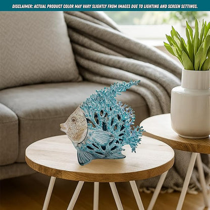 Ocean Decor Coral Reef Angelfish Sculpture Beach Home Decor Coastal Tabletop Collection 12 in x 11 in (Turquoise)