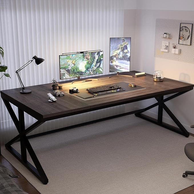 IBF Long Grey Computer Desk, Modern Large Wood Metal Office Desk, Industrial Pc Study Gaming Writing Table for 2 Person, Executive Workstation for Home Bedroom Living Room, Dark Gray, 70 Inch