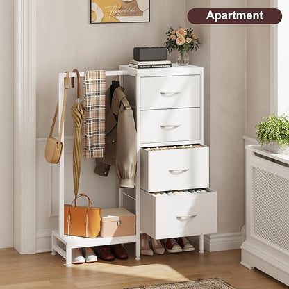 Dresser with Hanging Rack, 4 Drawers Small Closet for Bedroom, Reversible Fabric Kids Chest of Drawers with Clothes Rack, Tall Storage Tower, Sturdy Frame, White, 44''H