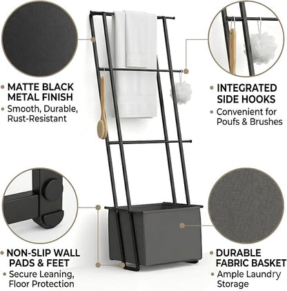 2-in-1 Leaning Blanket Ladder with Storage Basket, Matte Black Metal Towel Rack Stand, Drill-Free Space Saving Organizer for Bathroom & Bedroom Throws, 63"