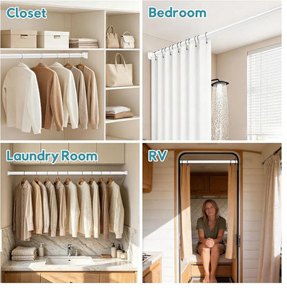 STARLATTA Heavy Duty White Closet Rod: 17-84 Inch Stepless Adjustable Clothes Hanging Bar, 1.3" Diameter Metal Wardrobe Pole with Brackets, No-Cut, for Laundry & RV