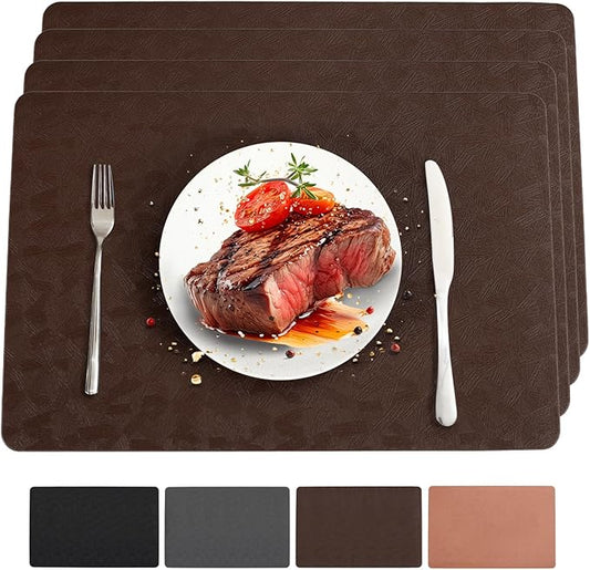 Vinyl Placemats Set of 4 Heat Resistant Easy Clean Non-Slip Place Mats for Dining Table Faux Leather Waterproof Stain Resistant Wipeable Washable PVC Table Mats(4, Brown)